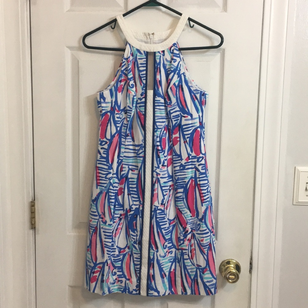 Lilly Pulitzer White Blue Pink Sailboat Print Halter Dress